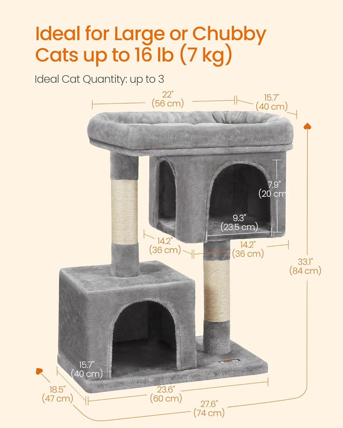 33.1" Indoor Cat Tower, Plush Condo for Large Cats up to 16 Lb, Large Perch, 2 Caves, Scratching Post