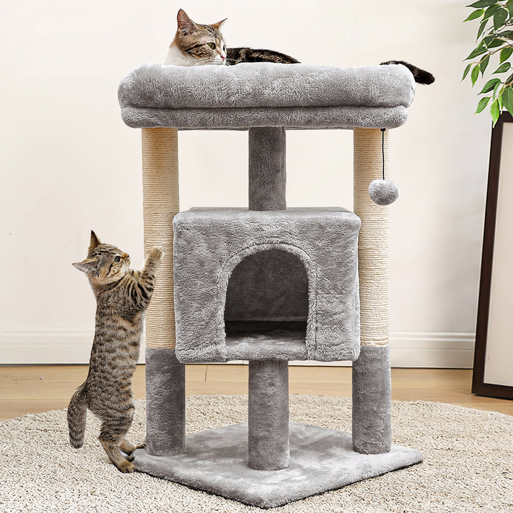 29" Indoor Cats Tower with Sisal Scratching Posts, Plush Perch, Cat Bed Furniture