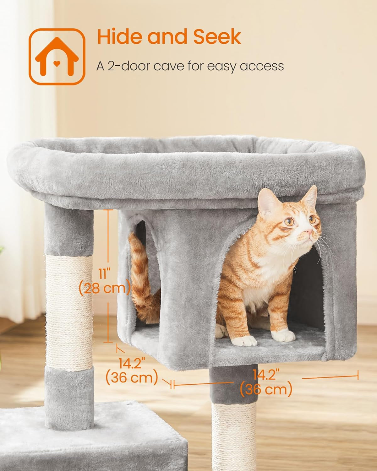 33.1" Indoor Cat Tower, Plush Condo for Large Cats up to 16 Lb, Large Perch, 2 Caves, Scratching Post