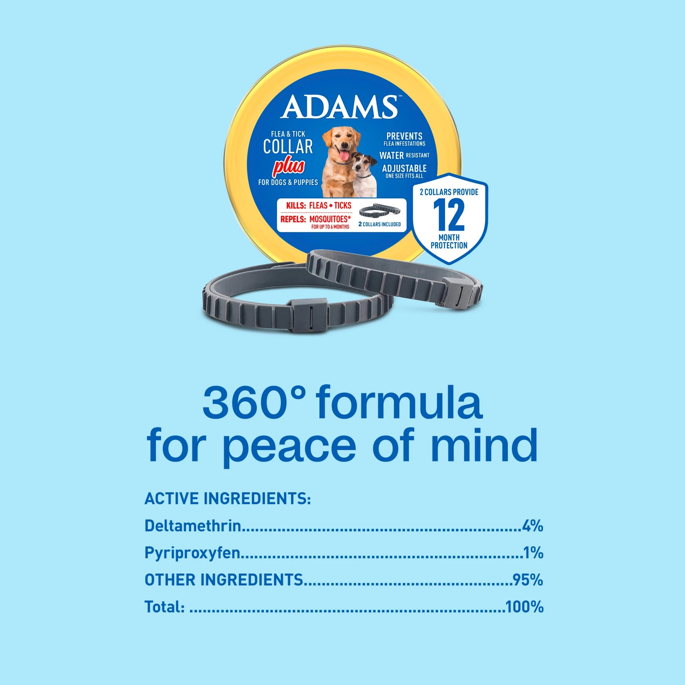 Flea & Tick Collar plus for Dogs & Puppies, Pack of 2, 12 Month Protection, Adjustable Size, Prevent Fleas, Ticks & Repels Mosquitoes