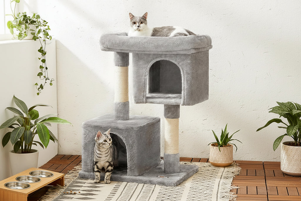33.1" Indoor Cat Tower, Plush Condo for Large Cats up to 16 Lb, Large Perch, 2 Caves, Scratching Post