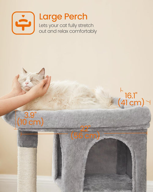 33.1" Indoor Cat Tower, Plush Condo for Large Cats up to 16 Lb, Large Perch, 2 Caves, Scratching Post