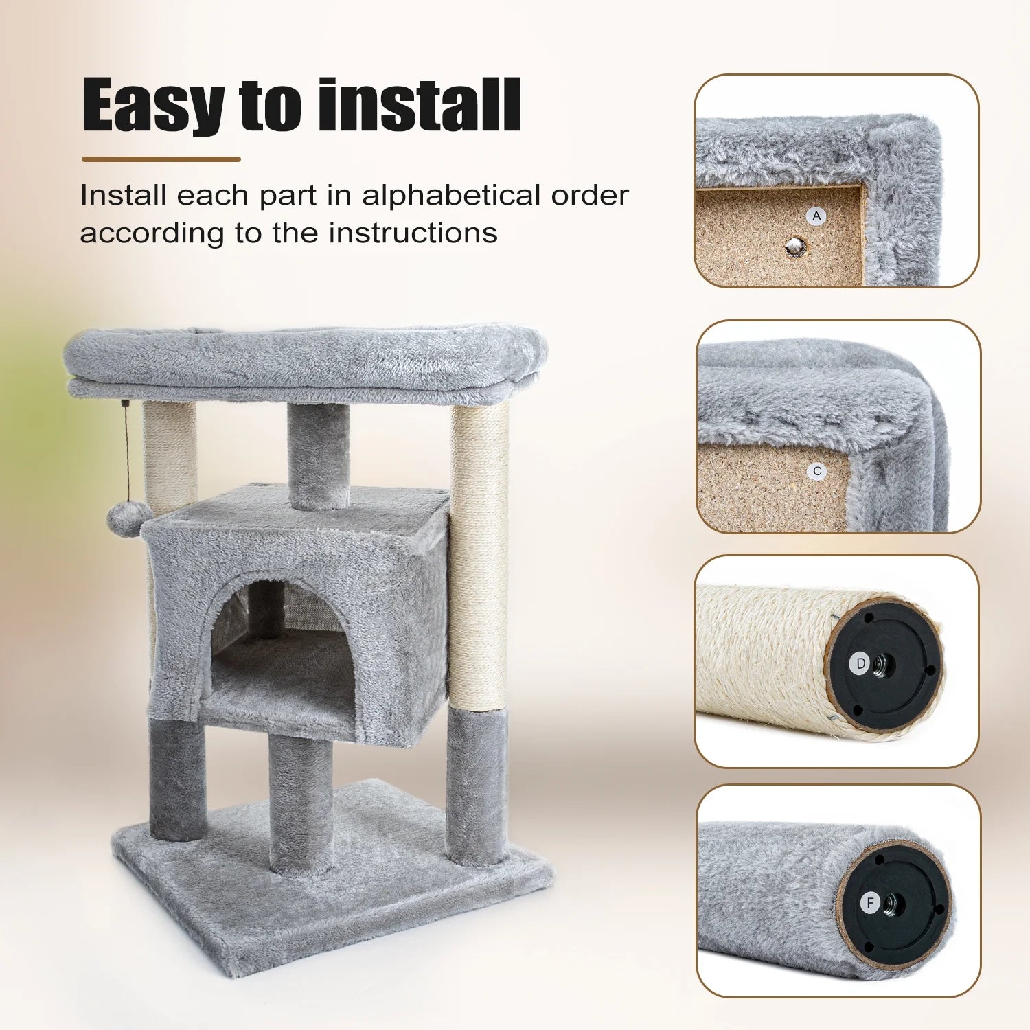 29" Indoor Cats Tower with Sisal Scratching Posts, Plush Perch, Cat Bed Furniture