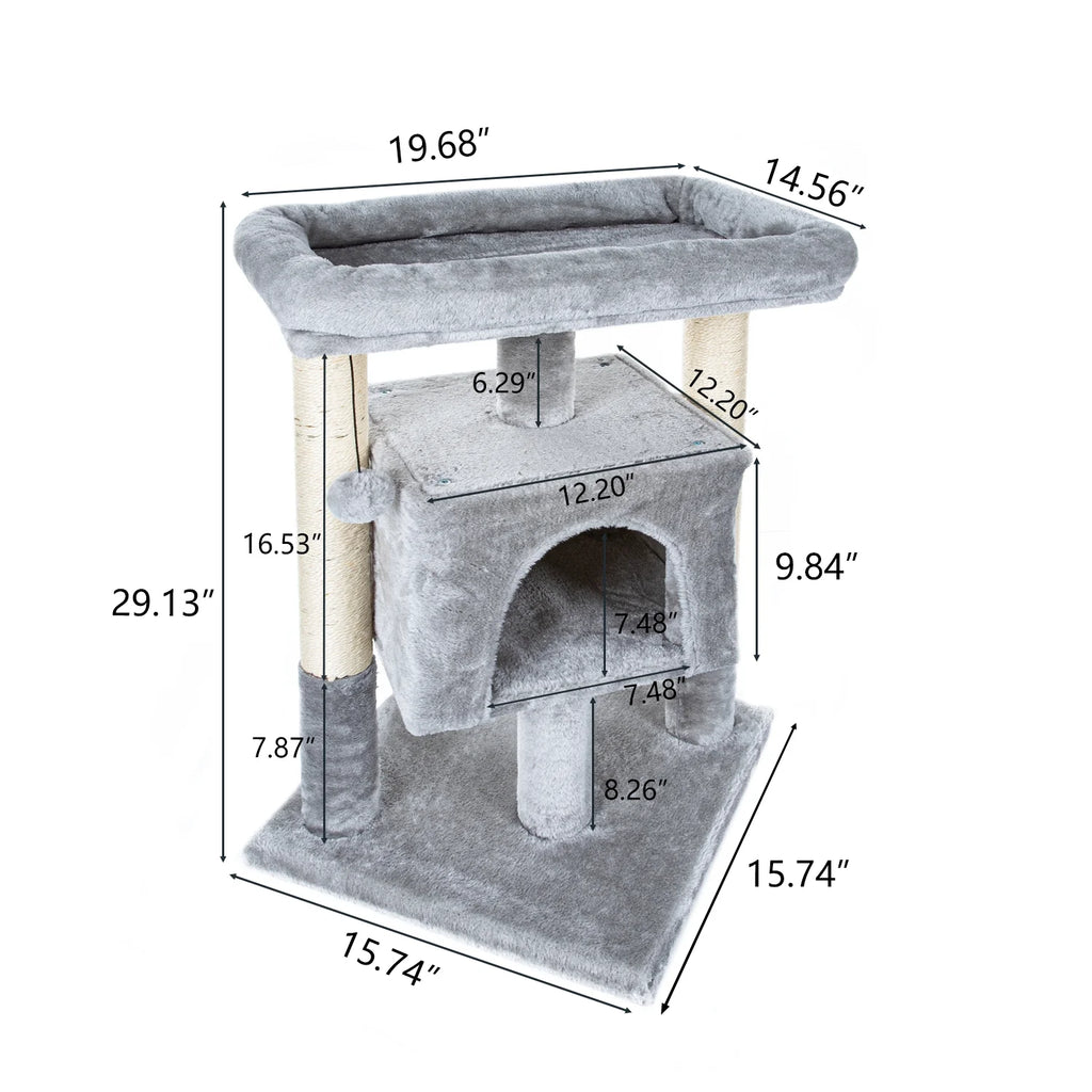 29" Indoor Cats Tower with Sisal Scratching Posts, Plush Perch, Cat Bed Furniture